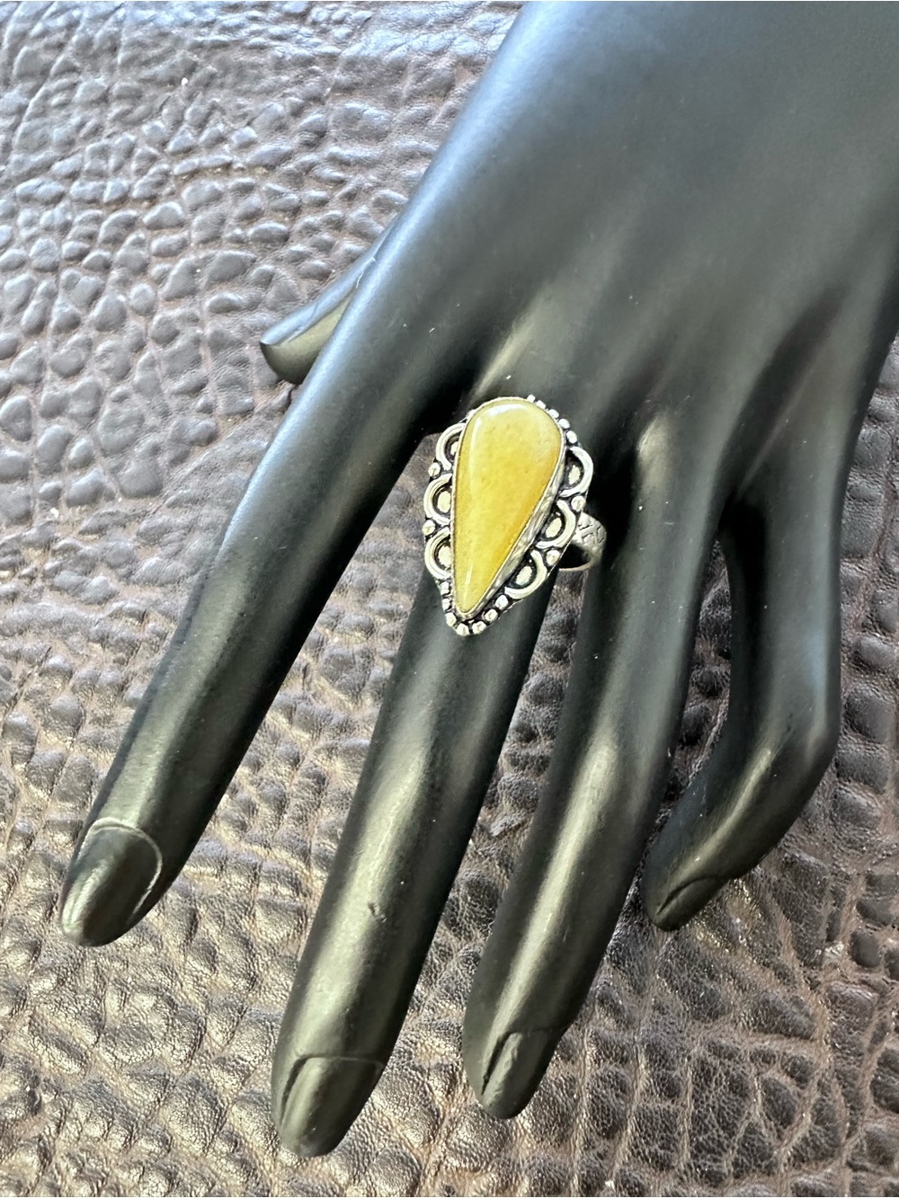 Silver Tone Teardrop Yellow Stone Filigree Ring - Women Jewelry